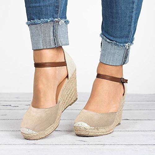 VECDY Sandalias Mujer Verano 2019, Moda para Mujer Flock Wedges Tobillo Alto Sandalias al Aire Libre Punta Redonda Calzado Casual cuña 6cm Casual Calzados Zapatillas（Beige，EU-37）