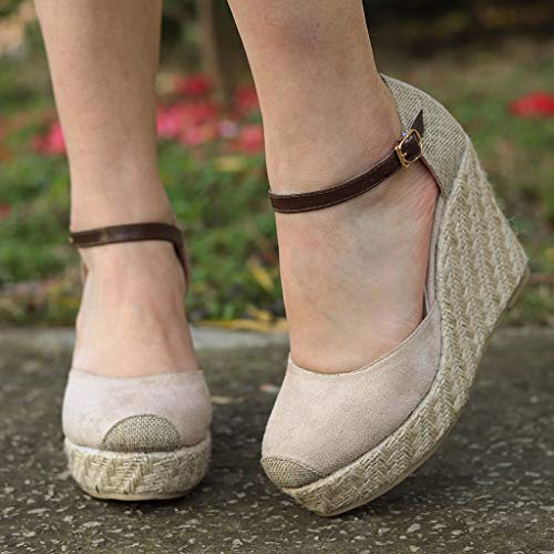 VECDY Sandalias Mujer Verano 2019, Moda para Mujer Flock Wedges Tobillo Alto Sandalias al Aire Libre Punta Redonda Calzado Casual cuña 6cm Casual Calzados Zapatillas（Beige，EU-37）