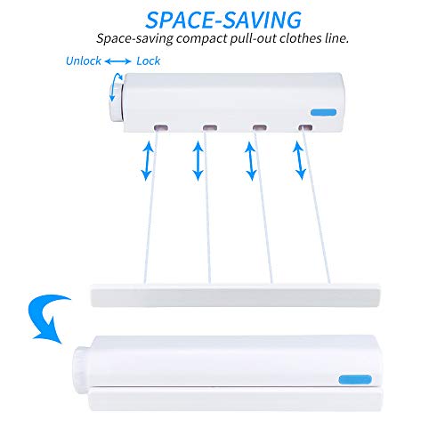 Verdelife Corde à Linge Rétractable, Ligne De Séchage Des Vêtements, étendoir, Crochet Porte-serviettes, Très Approprié Pour Jardin, Terrasse, Balcon, Intérieur Et Extérieur (4 Cordes)