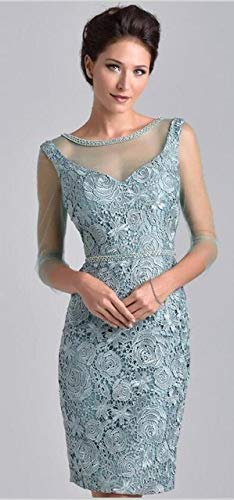 Vestidos de madre del novio Jade azul vaina hasta la rodilla, encaje con cuentas, vestido corto formal de fiesta de noche