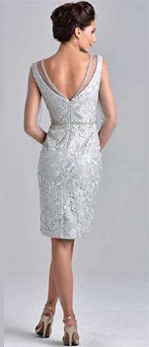 Vestidos de madre del novio Jade azul vaina hasta la rodilla, encaje con cuentas, vestido corto formal de fiesta de noche