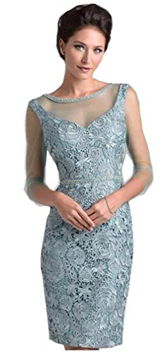 Vestidos de madre del novio Jade azul vaina hasta la rodilla, encaje con cuentas, vestido corto formal de fiesta de noche