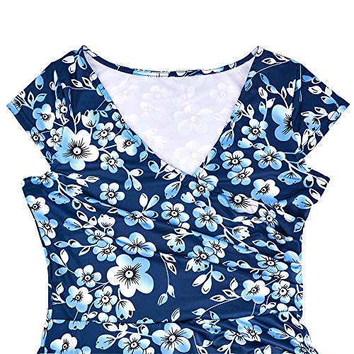Vestidos Elegantes Floral Azul Niña Mujer Verano, Boho Chic Vestidos Tallas Grandes,Sexy Cuello en V Vestidos, hasta la Rodilla Plisado Vestido Coctel, Fiesta,Casual