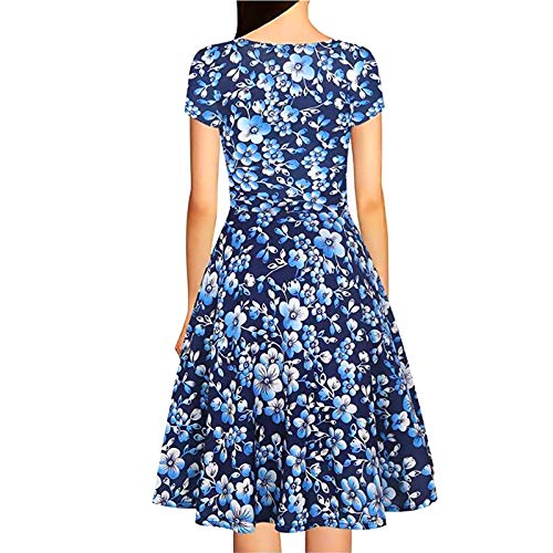 Vestidos Elegantes Floral Azul Niña Mujer Verano, Boho Chic Vestidos Tallas Grandes,Sexy Cuello en V Vestidos, hasta la Rodilla Plisado Vestido Coctel, Fiesta,Casual