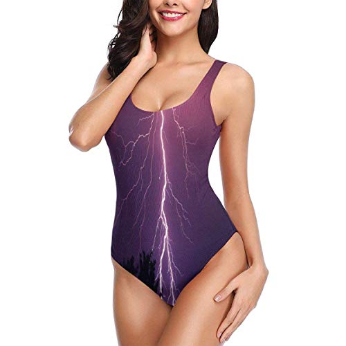 VFBGF Traje de baño para Mujer Traje de baño de una Pieza Traje de baño para Playa Purple Lightning Storm Forest Landscape Picture Women's Siamese Swimsuit Beach Bathing Suit Bikini