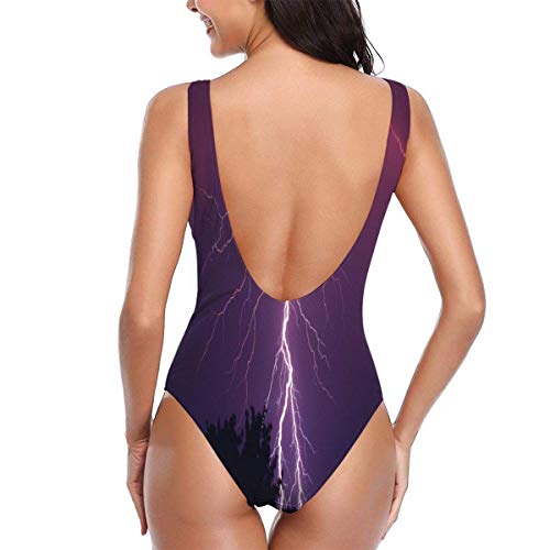 VFBGF Traje de baño para Mujer Traje de baño de una Pieza Traje de baño para Playa Purple Lightning Storm Forest Landscape Picture Women's Siamese Swimsuit Beach Bathing Suit Bikini