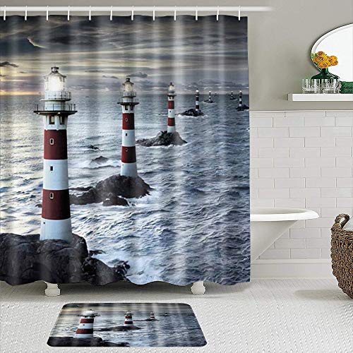 vhg8dweh Juegos de Cortinas de baño con alfombras Antideslizantes, Atalaya en el mar Patrón Imprimir,con 12 Ganchos