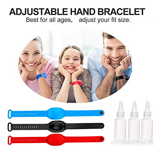 Viiilich Pulsera desinfectante de Manos portátil para Limpiar la Pulsera, Soporte de Gel desinfectante de Viaje y Pulseras dispensadoras Ajustables para niños, Adultos(3 Piezas, Negro Azul Rojo)