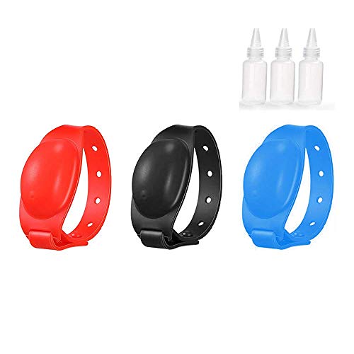 Viiilich Pulsera desinfectante de Manos portátil para Limpiar la Pulsera, Soporte de Gel desinfectante de Viaje y Pulseras dispensadoras Ajustables para niños, Adultos(3 Piezas, Negro Azul Rojo)