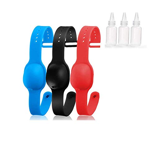 Viiilich Pulsera desinfectante de Manos portátil para Limpiar la Pulsera, Soporte de Gel desinfectante de Viaje y Pulseras dispensadoras Ajustables para niños, Adultos(3 Piezas, Negro Azul Rojo)