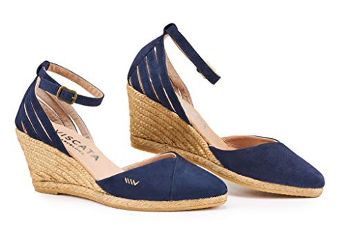 VISCATA Hecho a mano en España Ullastret Suede 3" Cuña, Moda Tobillera, Puntera Cerrada, Tacón Alpargatas Clásico, Azul (Marino), 35 EU