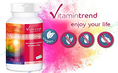 Vitamina B3 500mg – ¡Bote para 6 MESES! – alta dosificación – vegana – 180 comprimidos – niacina para metabolismo– circulación y músculos