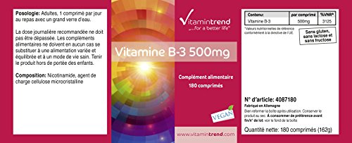 Vitamina B3 500mg – ¡Bote para 6 MESES! – alta dosificación – vegana – 180 comprimidos – niacina para metabolismo– circulación y músculos