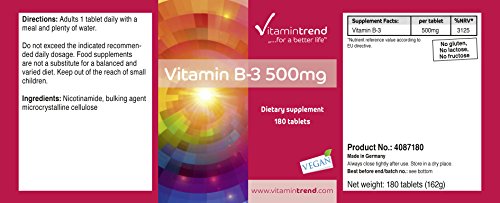Vitamina B3 500mg – ¡Bote para 6 MESES! – alta dosificación – vegana – 180 comprimidos – niacina para metabolismo– circulación y músculos