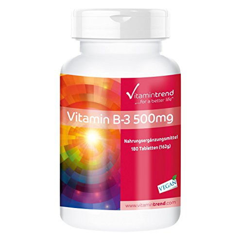 Vitamina B3 500mg – ¡Bote para 6 MESES! – alta dosificación – vegana – 180 comprimidos – niacina para metabolismo– circulación y músculos