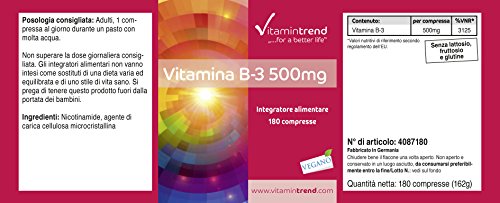Vitamina B3 500mg – ¡Bote para 6 MESES! – alta dosificación – vegana – 180 comprimidos – niacina para metabolismo– circulación y músculos
