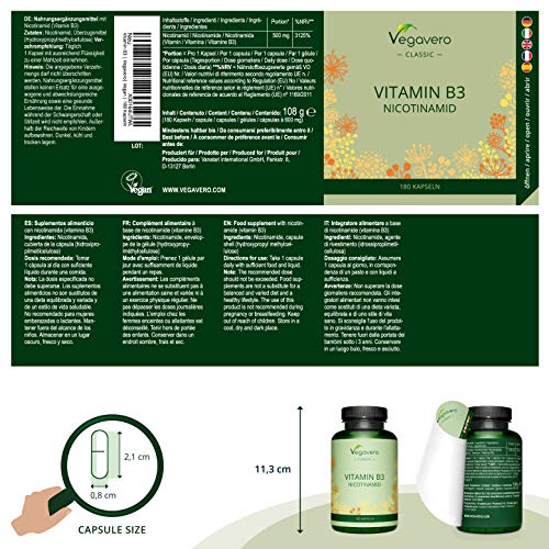 Vitamina B3 Vegavero® | Sin Aditivos | Apta Para Veganos | 500 mg | Nicotinamida | Metabolismo Energético + Cansacio y Fatiga + Sistema Nervioso | 180 Cápsulas