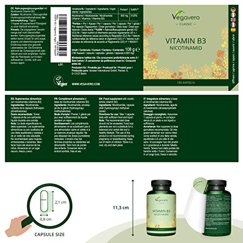 Vitamina B3 Vegavero® | Sin Aditivos | Apta Para Veganos | 500 mg | Nicotinamida | Metabolismo Energético + Cansacio y Fatiga + Sistema Nervioso | 180 Cápsulas