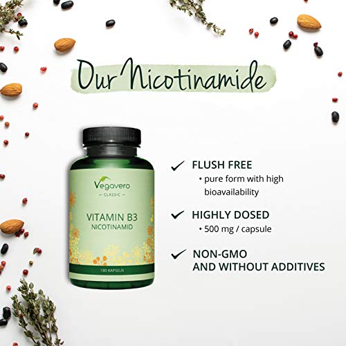 Vitamina B3 Vegavero® | Sin Aditivos | Apta Para Veganos | 500 mg | Nicotinamida | Metabolismo Energético + Cansacio y Fatiga + Sistema Nervioso | 180 Cápsulas