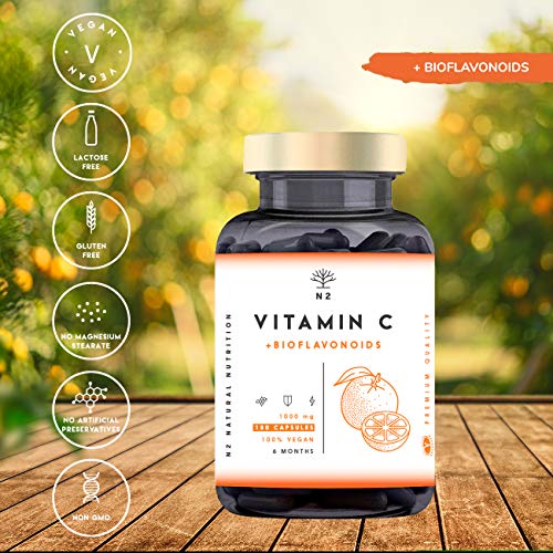 VITAMINA C DOSIS ALTA 1000mg + Bioflavonoides - Vit C Pura Natural Reduce el Cansancio y la Fatiga, Contribuye al Funcionamiento del Sistema Inmunológico - Vegano 180 Cápsulas N2 Natural Nutrition
