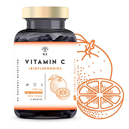 VITAMINA C DOSIS ALTA 1000mg + Bioflavonoides - Vit C Pura Natural Reduce el Cansancio y la Fatiga, Contribuye al Funcionamiento del Sistema Inmunológico - Vegano 180 Cápsulas N2 Natural Nutrition
