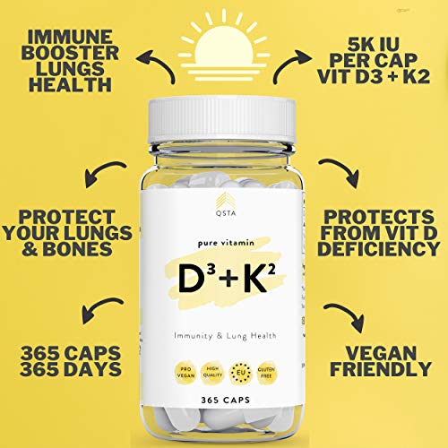 Vitamina D3 + K2 (365 DIAS) - Vitamina D + Vitamina K, Mejora el Sistema Inmune, Funcion Muscular, Protege los Pulmones y Mejora Huesos/Dientes - Sin Gluten & Sin Soja +MEDICOS