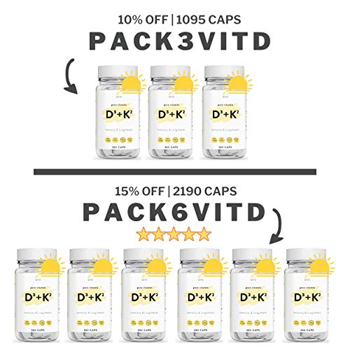Vitamina D3 + K2 (365 DIAS) - Vitamina D + Vitamina K, Mejora el Sistema Inmune, Funcion Muscular, Protege los Pulmones y Mejora Huesos/Dientes - Sin Gluten & Sin Soja +MEDICOS