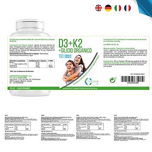 Vitamina D3, vitamina K2 y silicio orgánico para el mantenimiento de unos huesos fuertes – Vit D3 y Vit K2 para la correcta absorción y distribución del calcio en nuestro organismo – 180 cápsulas