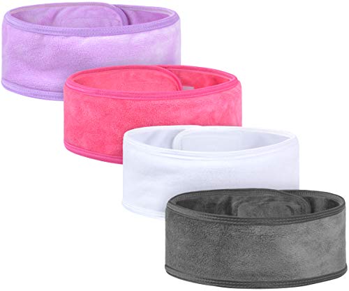 VIVOTE Diadema Maquillaje 4 Paquetes, Diadema de Spa Ajustable, Diadema Facial de Tela Suave para Lavado de Cara y Ducha, Colores Variados