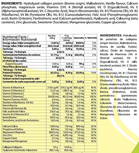 VNSup - Colágeno con Ácido Hialurónico (40mg) Magnesio Manganeso y Vitamina C, 450gr, Sabor Vainilla | Suplemento Regenerador de Tejidos y Articulaciones, Huesos Fuertes, Piel Tersa y Radiante