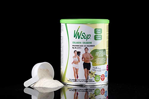 VNSup - Colágeno con Ácido Hialurónico (40mg) Magnesio Manganeso y Vitamina C, 450gr, Sabor Vainilla | Suplemento Regenerador de Tejidos y Articulaciones, Huesos Fuertes, Piel Tersa y Radiante