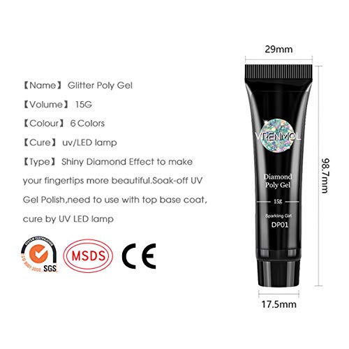 Vrenmol Poly Gel Polygel Nails Builder Enhancement Glitter Diamond Style Nail Gel Mix Extension UV Gel Nail Polish Easy Trendy Beginner DIY Nail Art for Lady 6PCS-15g