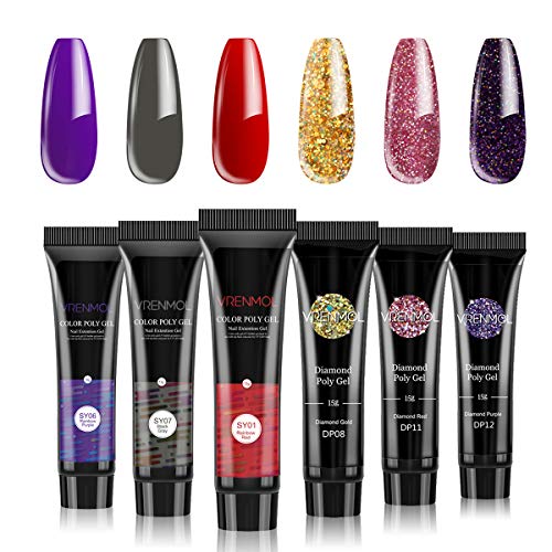 Vrenmol Poly Gel Polygel Nails Builder Enhancement Glitter Diamond Style Nail Gel Mix Extension UV Gel Nail Polish Easy Trendy Beginner DIY Nail Art for Lady 6PCS-15g