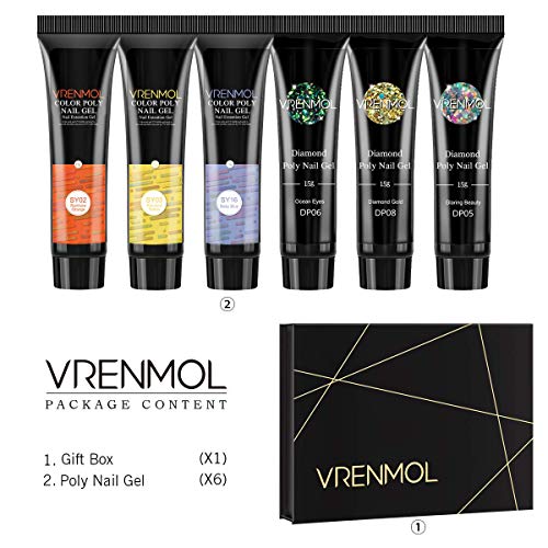Vrenmol Poly Gel Polygel Nails Builder Enhancement Glitter Diamond Style Nail Gel Mix Extension UV Gel Polish Easy Trendy Beginner DIY Nail Art for Lady 6PCS-15g