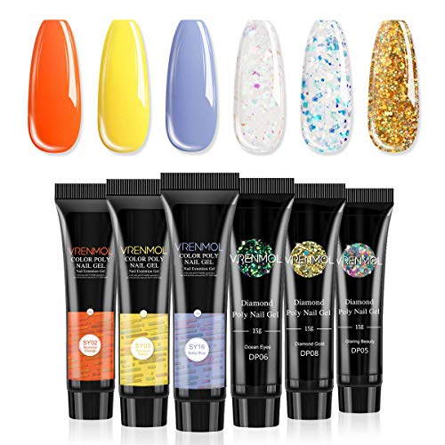 Vrenmol Poly Gel Polygel Nails Builder Enhancement Glitter Diamond Style Nail Gel Mix Extension UV Gel Polish Easy Trendy Beginner DIY Nail Art for Lady 6PCS-15g