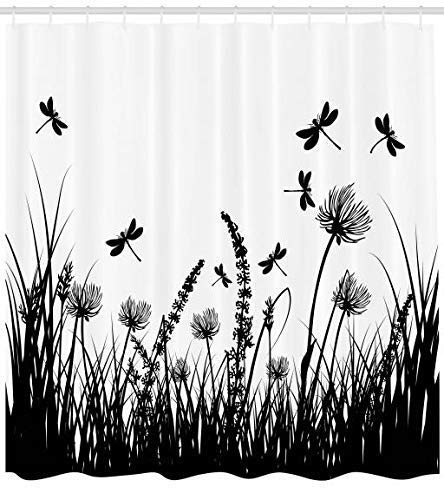 vrupi Cortina Ducha Natural Hierba arbusto Prado Silueta libélula Volando Plantas jardín Primavera Muestran Tela Impermeable poliéster 71x71 Pulgadas Que Incluye Doce Ganchos plástico