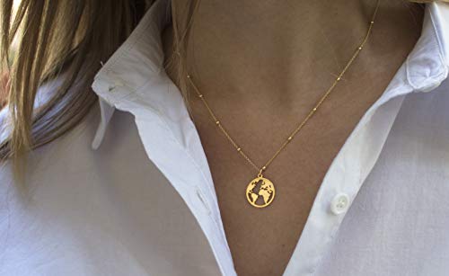 WANDA PLATA Collar Mundo para Mujer Chica Joven de Plata de Ley 925 Chapado Oro, Gargantilla Bola del Mundo, Colgante Mapamundi Joyería Globo Terráqueo, World Tierra Continentes en Caja de Regalo
