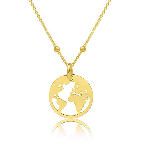 WANDA PLATA Collar Mundo para Mujer Chica Joven de Plata de Ley 925 Chapado Oro, Gargantilla Bola del Mundo, Colgante Mapamundi Joyería Globo Terráqueo, World Tierra Continentes en Caja de Regalo