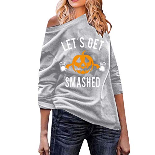 WARMWORD Mujeres Moda Manga Larga Impresión de Calabaza Casual Suelto Camisa de Entrenamiento Tops Talla Extra Mujer Otoño Invierno Camisas Casuales Cuello Redondo Camiseta S-5XL