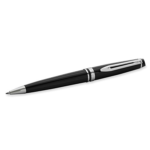 Waterman Expert bolígrafo, brillante con adorno cromado, punta media con cartucho de tinta azul, estuche de regalo, color negro