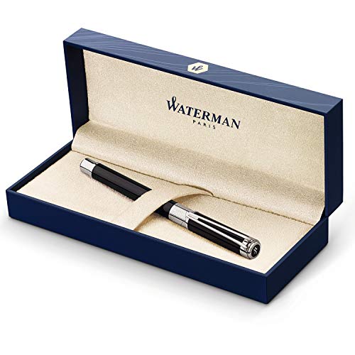 Waterman Perspective  - Pluma estilográfica, color negro brillante con adorno cromado, plumín fino con cartucho de tinta azul, estuche de regalo