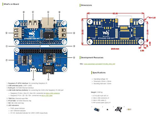 Waveshare Ethernet/USB HUB Hat for Raspberry Pi Stable Wired Ethernet Connection with 1x RJ45 Ethernet Port and 3X USB Ports Compatible with USB2.0/1.1 Fits The Zero/Zero W/Zero WH
