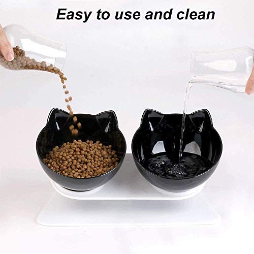 WELLXUNK Cuenco del Gato,Tcuencos Dobles para Gatos, Ajustable Inclinado De 15 ° Tazón Doble, Tazón de Gato Ortopédico, Apto para Gatos y Cachorros (Negro)