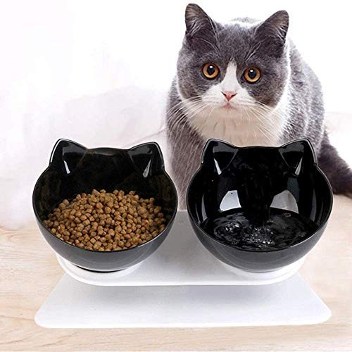 WELLXUNK Cuenco del Gato,Tcuencos Dobles para Gatos, Ajustable Inclinado De 15 ° Tazón Doble, Tazón de Gato Ortopédico, Apto para Gatos y Cachorros (Negro)