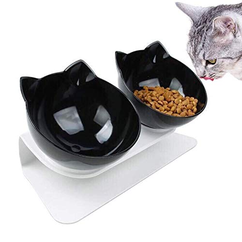 WELLXUNK Cuenco del Gato,Tcuencos Dobles para Gatos, Ajustable Inclinado De 15 ° Tazón Doble, Tazón de Gato Ortopédico, Apto para Gatos y Cachorros (Negro)