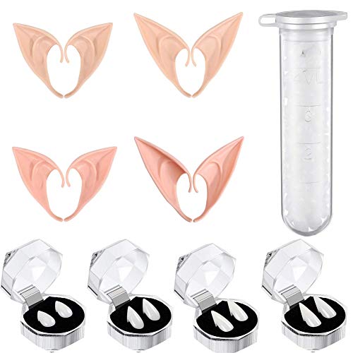 WENTS Dientes de Vampiro 9PCS Orejas de Duende de Cosplay Orejas de Hadas de Látex y Colmillos de Vampiro Dientes Falsos para Accesorios de Disfraces de Fiesta de Halloween