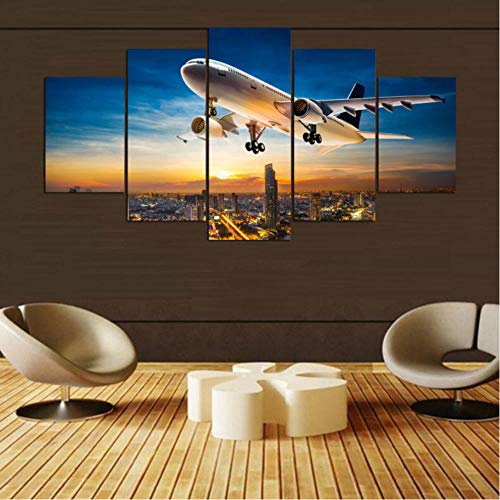 WERCV 5 Paneles de Pintura de Ciudad de avión Pintura de Puesta de Sol Lienzo Impreso Imagen para Sala de Estar Arte de Pared decoración del hogar-Size2