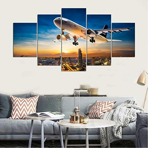 WERCV 5 Paneles de Pintura de Ciudad de avión Pintura de Puesta de Sol Lienzo Impreso Imagen para Sala de Estar Arte de Pared decoración del hogar-Size2