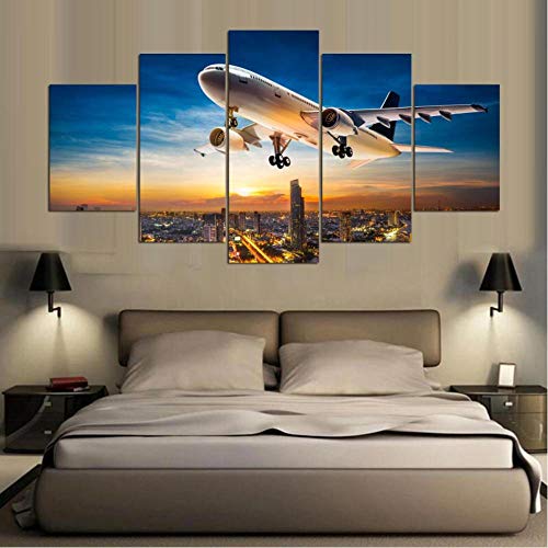 WERCV 5 Paneles de Pintura de Ciudad de avión Pintura de Puesta de Sol Lienzo Impreso Imagen para Sala de Estar Arte de Pared decoración del hogar-Size2