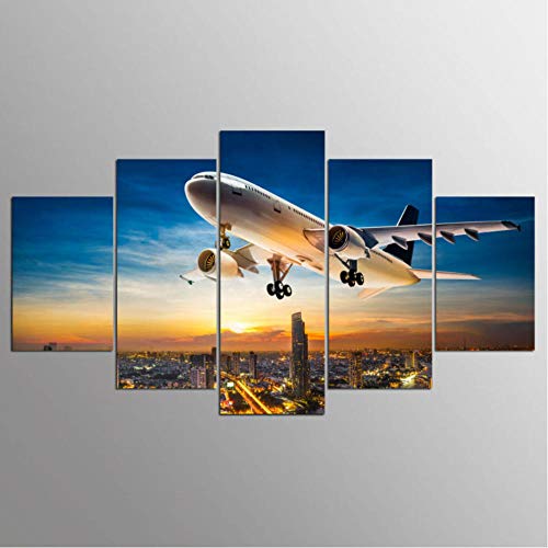 WERCV 5 Paneles de Pintura de Ciudad de avión Pintura de Puesta de Sol Lienzo Impreso Imagen para Sala de Estar Arte de Pared decoración del hogar-Size2